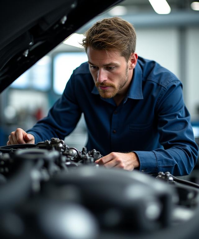 Meistertechniker arbeitet konzentriert an einem hochwertigen Motor