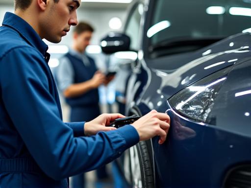 Techniker führt eine Fahrzeuginspektion durch