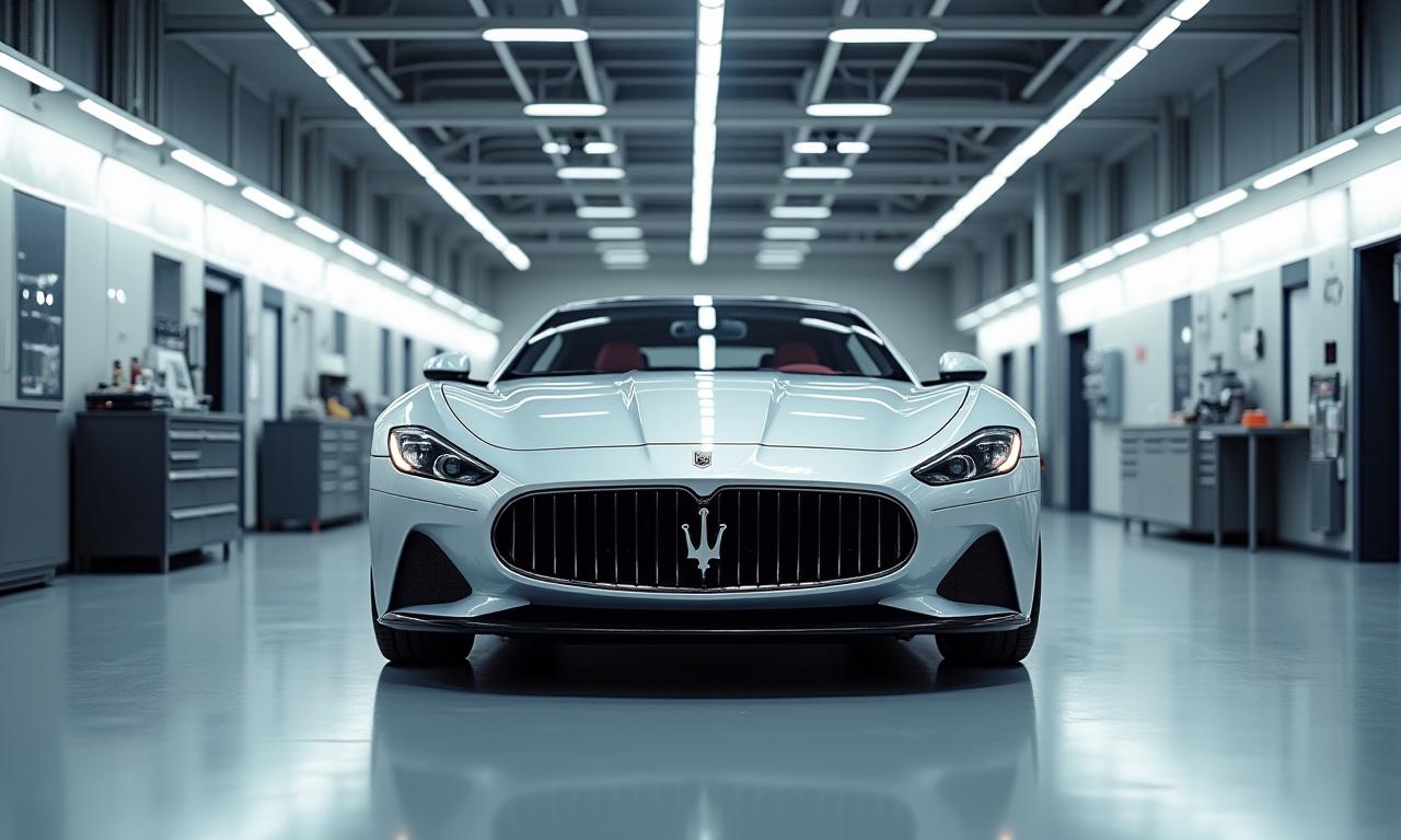 Ein makelloser Luxuswagen in einer modernen und sauberen Autowerkstatt